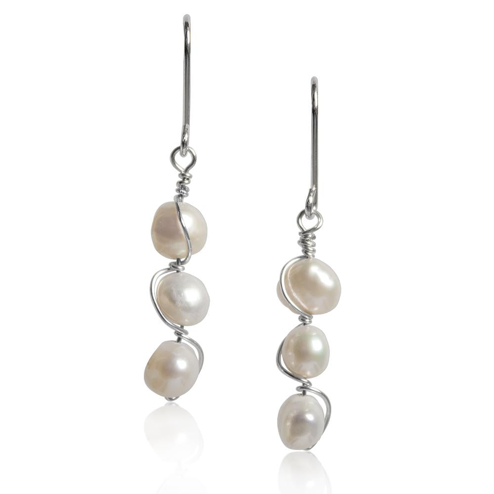 Wire Wrapped Freshwater Pearl Sterling Silver Earrings - Handcrafted in USA - Jewelry & Watches - Bijou Her -  -  - 