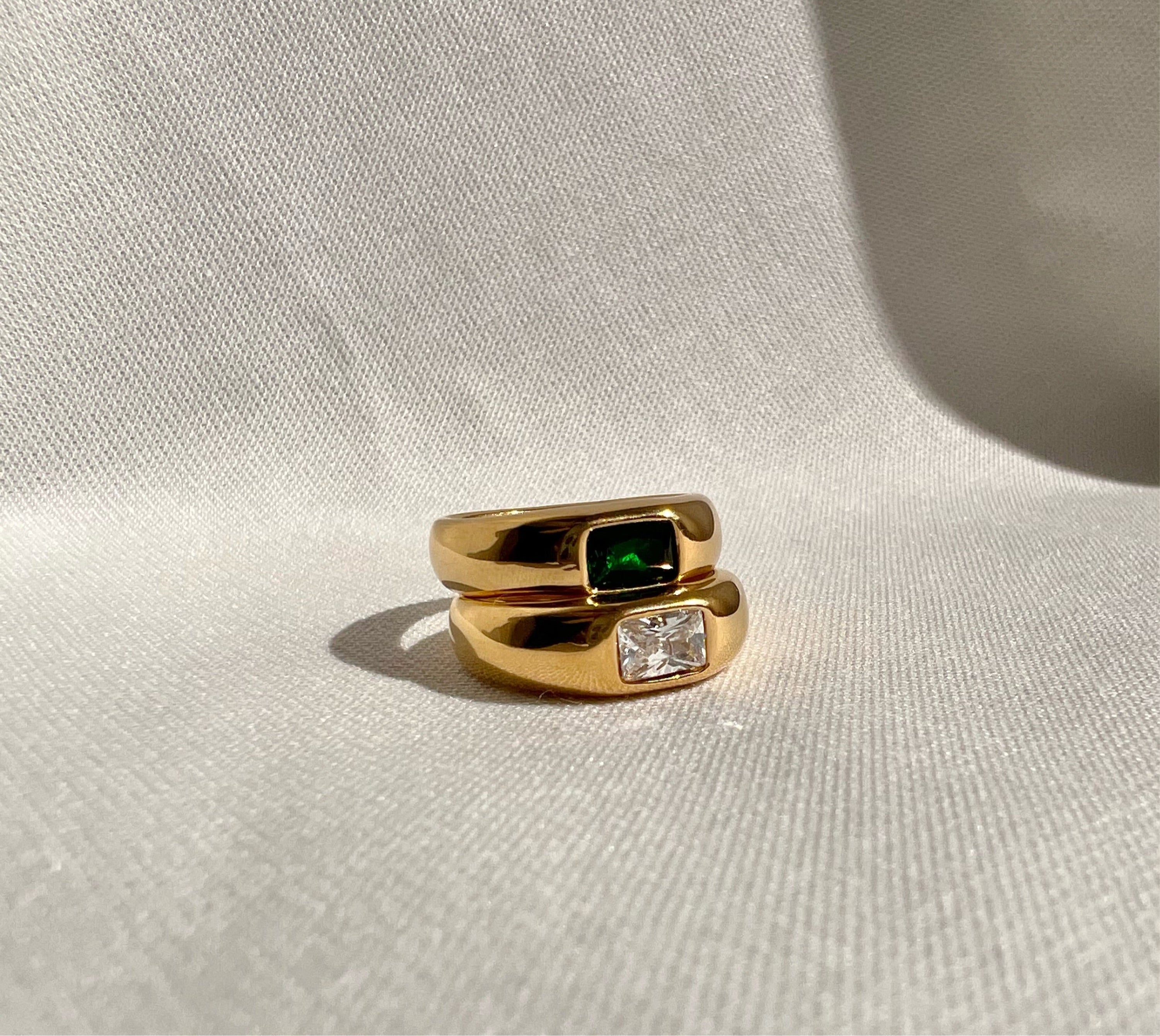 Green Cubic Zirconia Emerald Statement Ring - Hypoallergenic & Tarnish Resistant in 18k Gold Plated Stainless Steel - Jewelry & Watches - Bijou Her -  -  - 