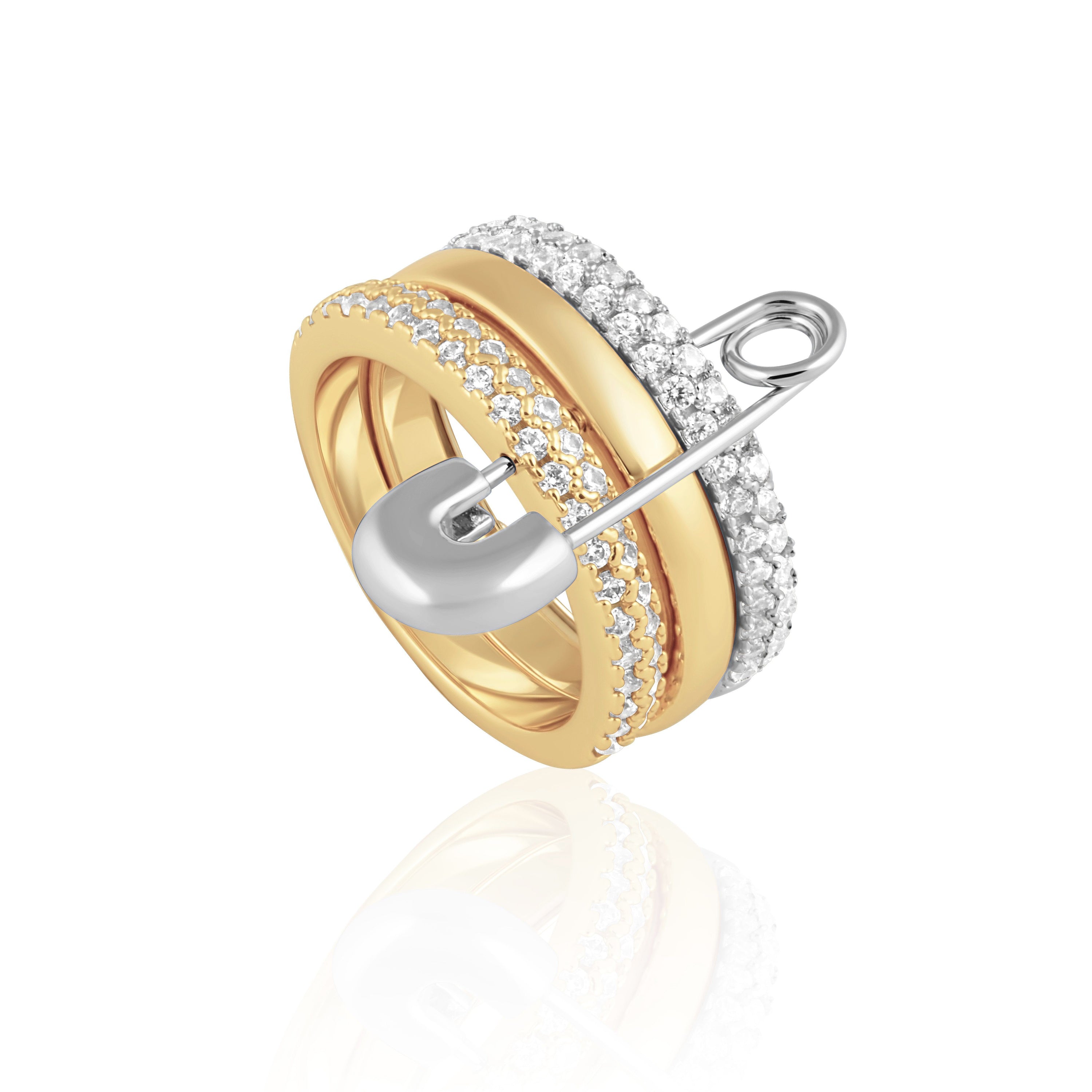 Two-Tone Stacked Rings with CZ Stones - Hypoallergenic, Removable Pin, 18k Gold Plated Stainless Steel, 8mm Width - Jewelry & Watches - Bijou Her -  -  - 