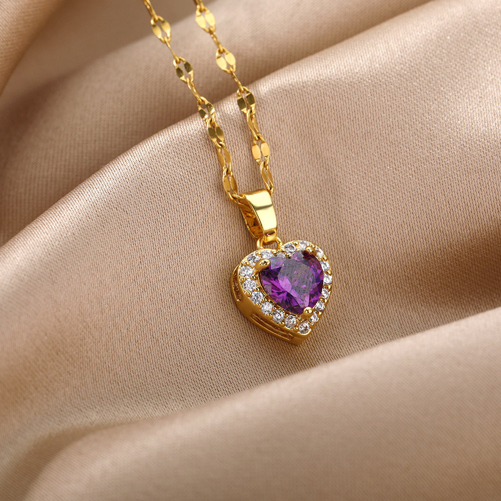 Heart Of Europe And America Ocean Necklace Heart Purple Zircon Pendant Heart Collar Chain - 0 - Bijou Her -  -  - 