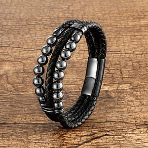Men's Leather Rope Beaded Bracelet Fashion Three Layers - 0 - Bijou Her -  -  - 