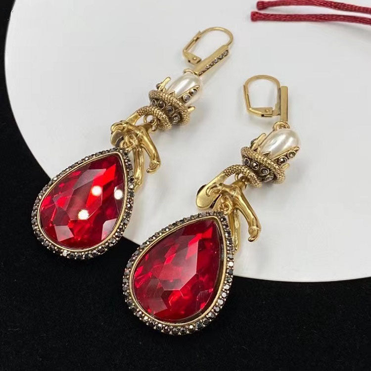 Women's Pearl Rhinestone With Ruby Earrings - 0 - Bijou Her -  -  - 