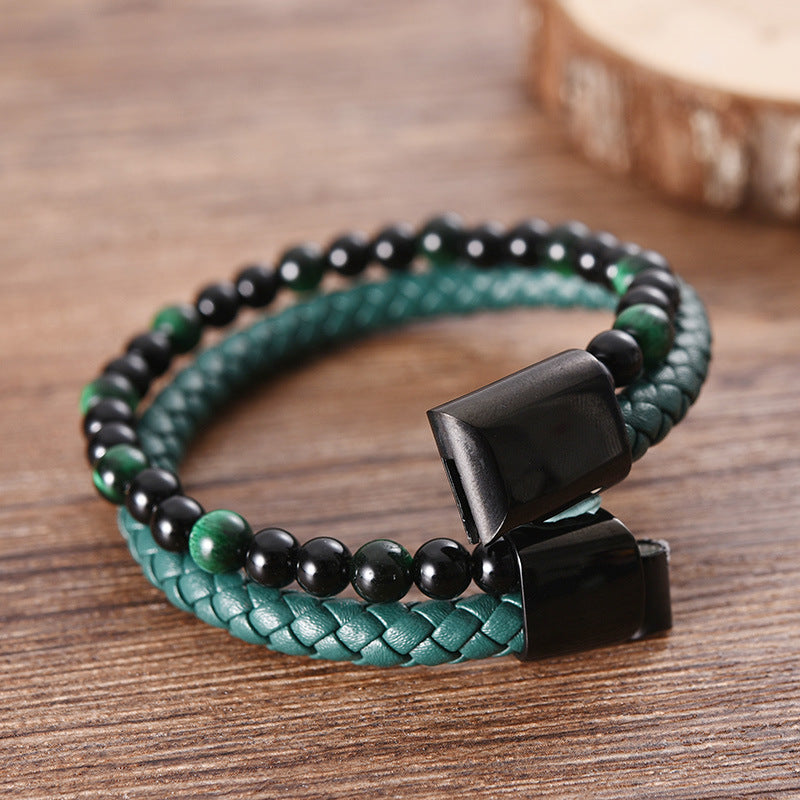 Men's Personality Stainless Steel Leather Bracelet Green Beads Braided Bracelet - 0 - Bijou Her -  -  - 