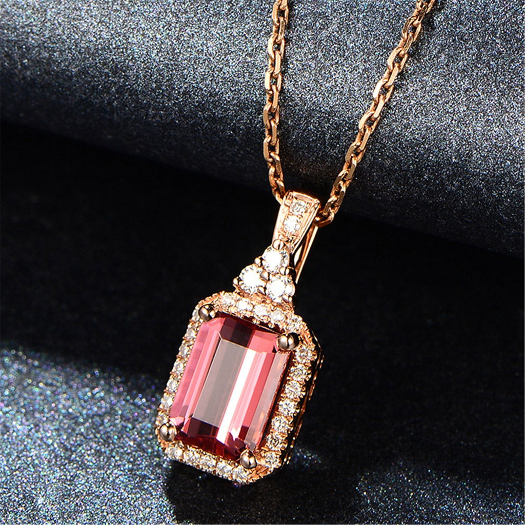 Natural Red Tourmaline Pendant Necklace Square Stone Item Pendant Clavicle Chain - 0 - Bijou Her -  -  - 