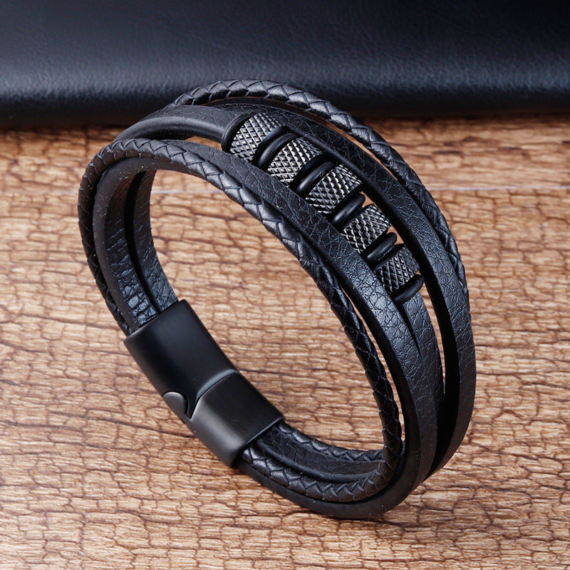 Stainless Steel Leather Braided Bracelets Genuine Leather Multi-layer Men's Jewelry - 0 - Bijou Her -  -  - 