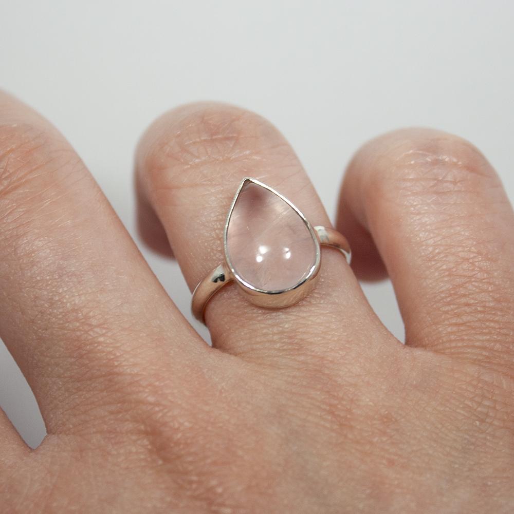 Pear Rose Quartz Sterling Silver Open Bezel Ring - Handcrafted in the US, AA Grade, 0.17 Carat Cabochon - Jewelry & Watches - Bijou Her -  -  - 