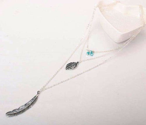 Turquoise Stone Feather Necklace - 3 Layer, 17.5-27.5 Lengths, Zinc Alloy" - Necklaces - Bijou Her - Color -  - 