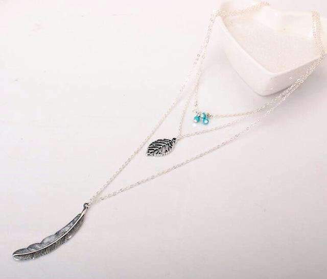 Turquoise Stone Feather Necklace - 3 Layer, 17.5-27.5 Lengths, Zinc Alloy" - Necklaces - Bijou Her -  -  - 