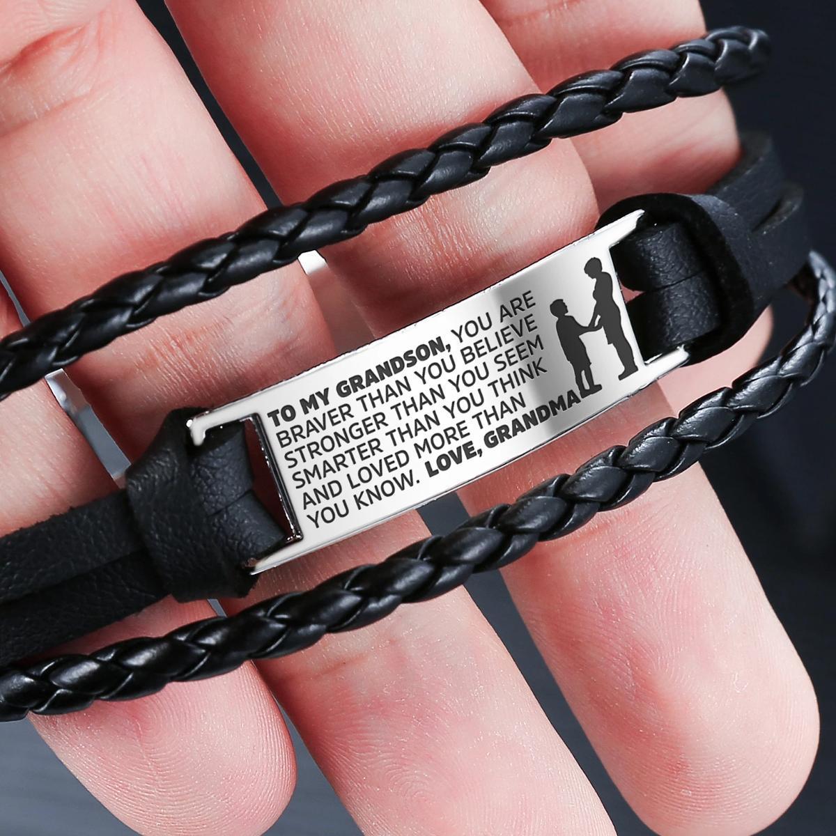 Grandma to Grandson Engraved Steel & Leather Bracelet - Holiday Gift Idea - Jewelry & Watches - Bijou Her -  -  - 