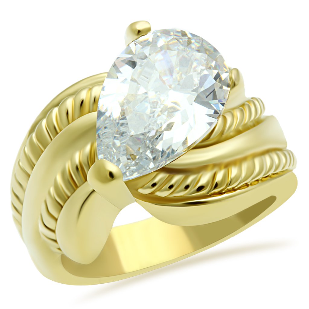 IP Gold Brass Ring with AAA CZ Stone - Clear Pear Shape - Rings - Bijou Her -  -  - 