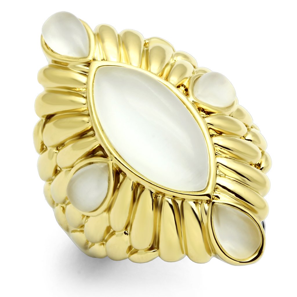 IP Gold Brass Ring with Cat Eye Stone - White, Synthetic, Cocktail Ring - Rings - Bijou Her -  -  - 