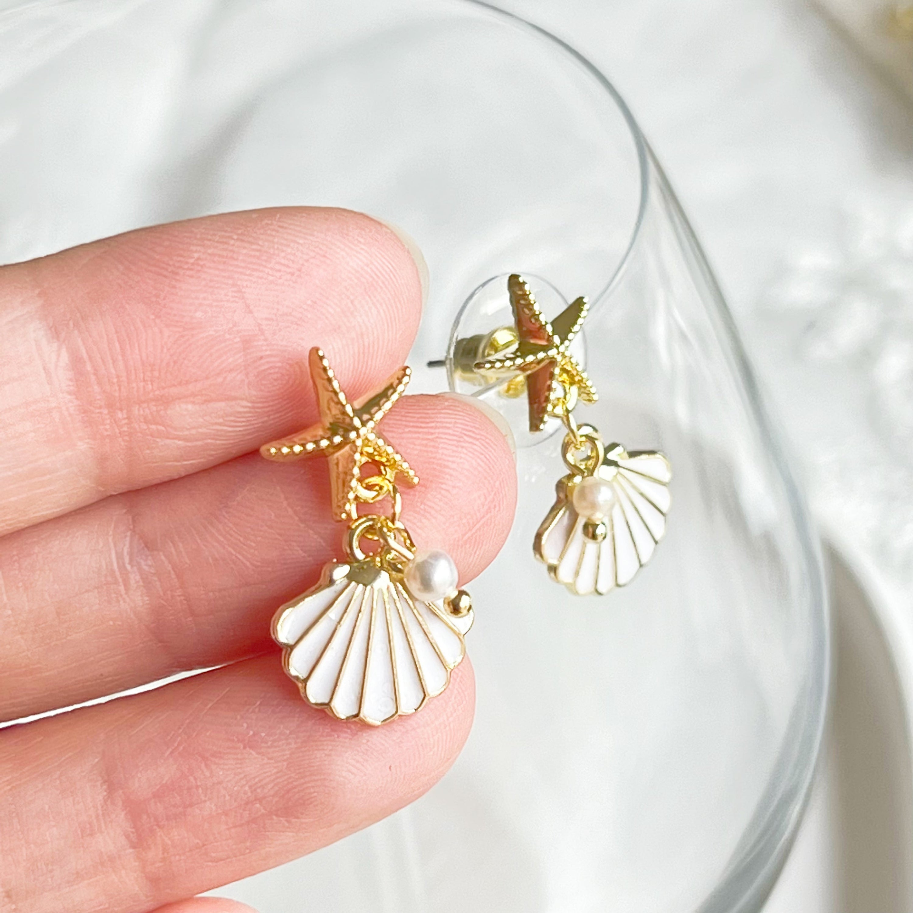Gold Starfish and Seashell Pearl Drop Earrings for Beach Holiday Gifts - Jewelry & Watches - Bijou Her -  -  - 