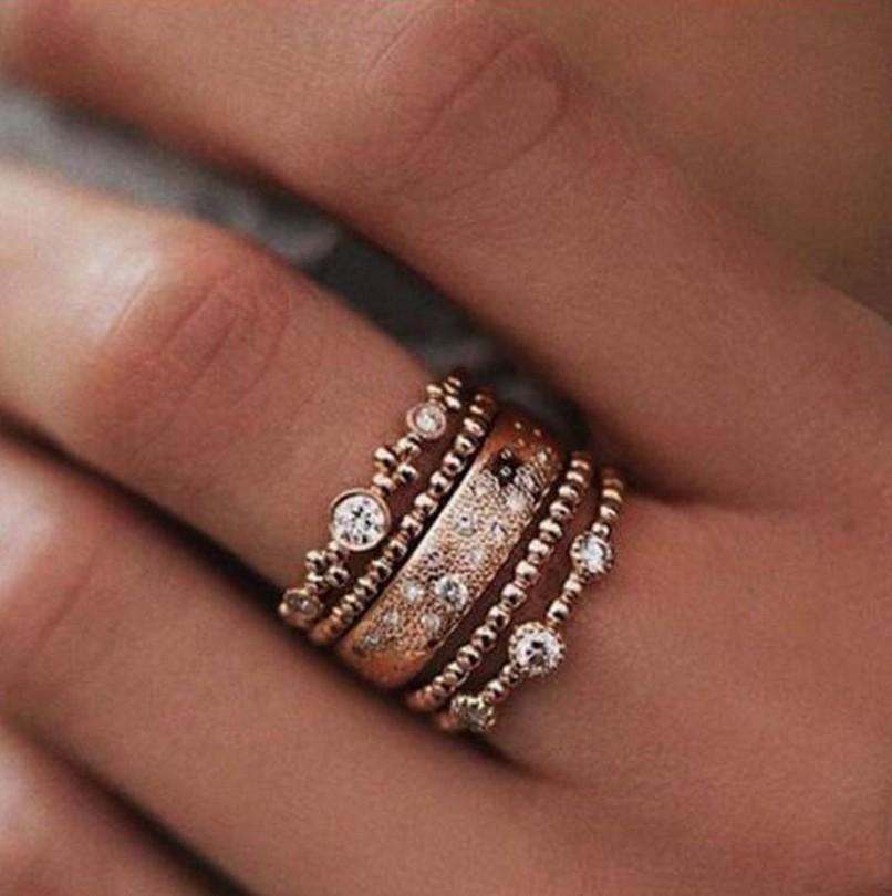 Rose Gold 5-Piece Ring Set with Crystal Accents in Sizes 6-10 - Rings - Bijou Her -  -  - 