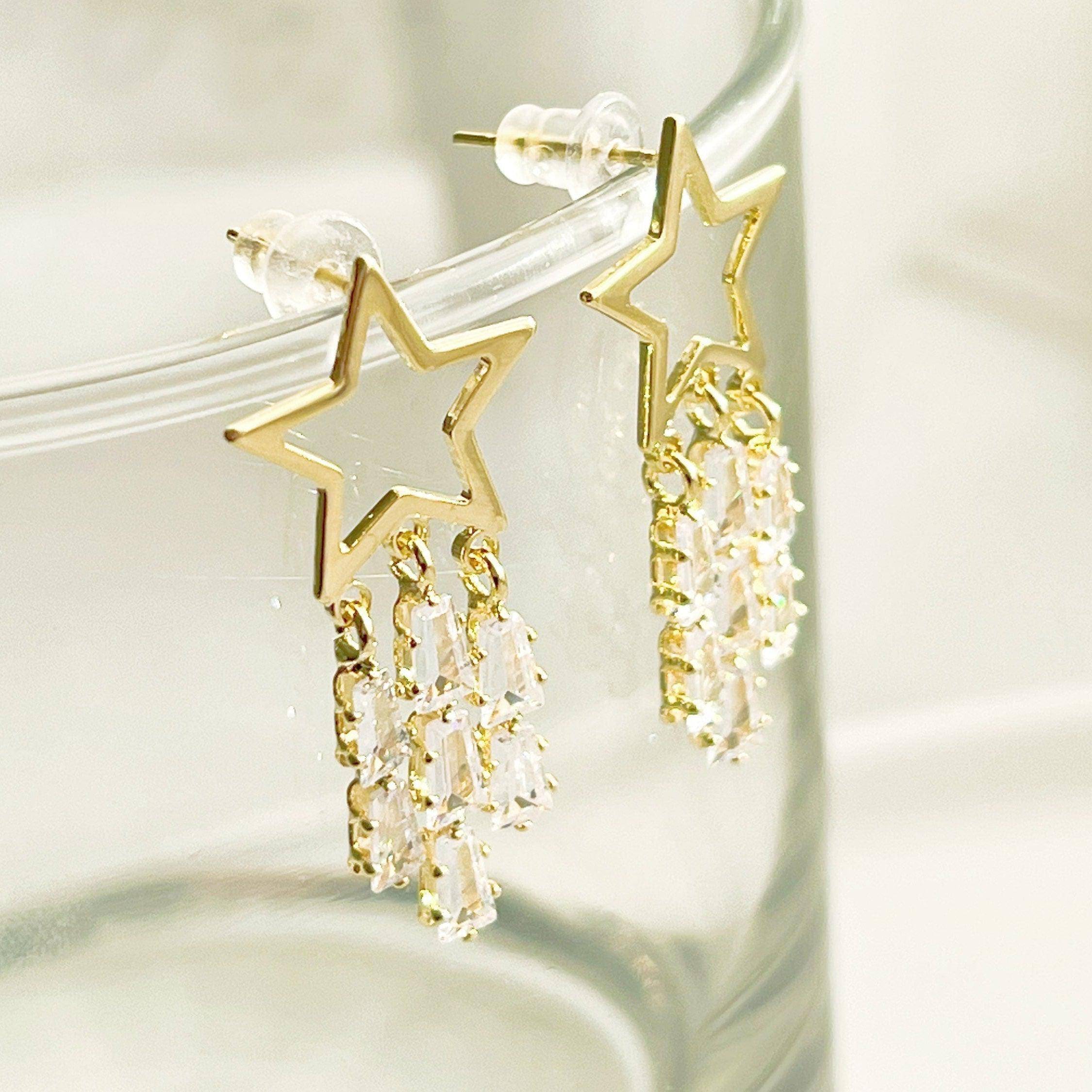 Golden Shooting Stars Earrings  - Star with Three Crystal Tails Stud - Jewelry & Watches - Bijou Her -  -  - 