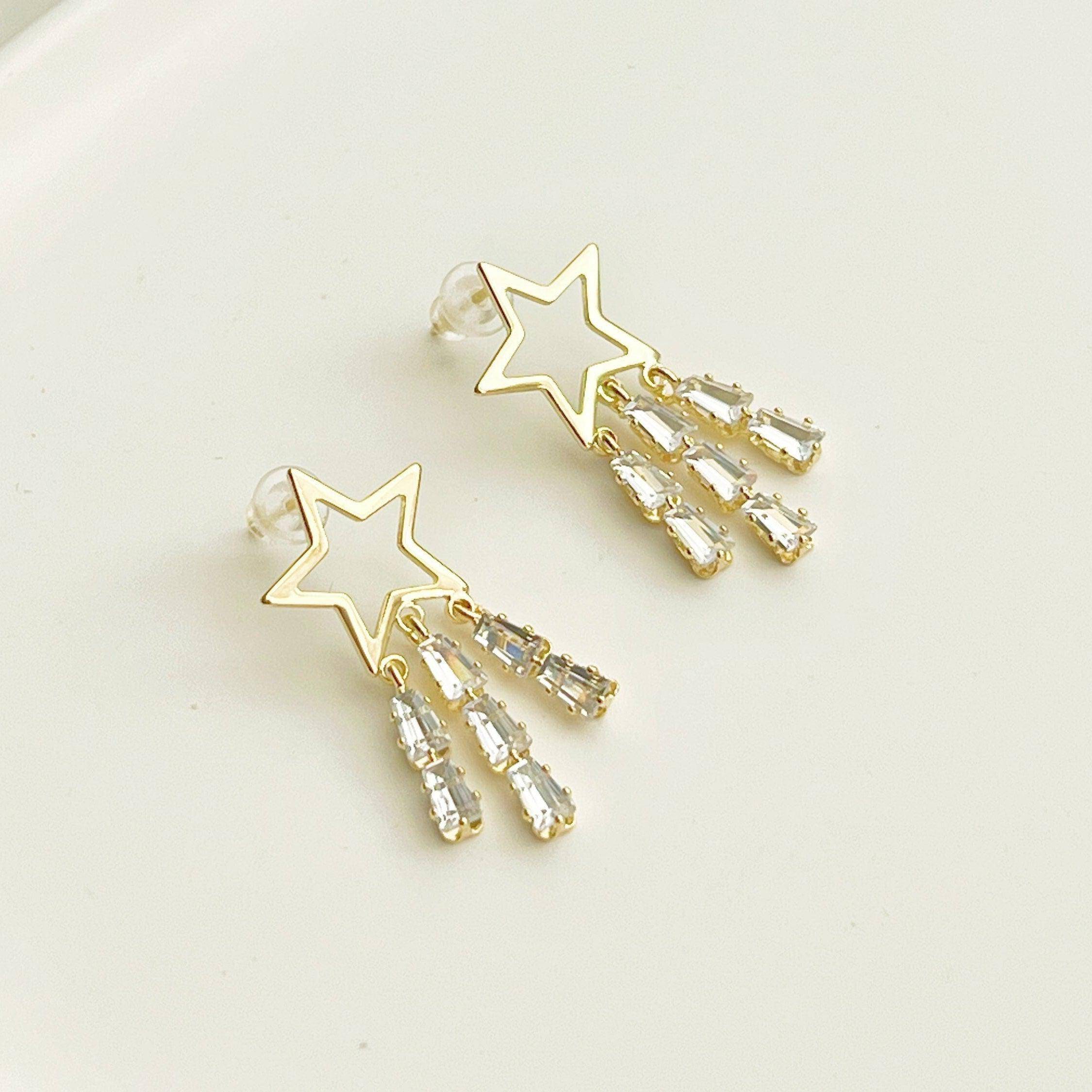 Golden Shooting Stars Earrings  - Star with Three Crystal Tails Stud - Jewelry & Watches - Bijou Her -  -  - 