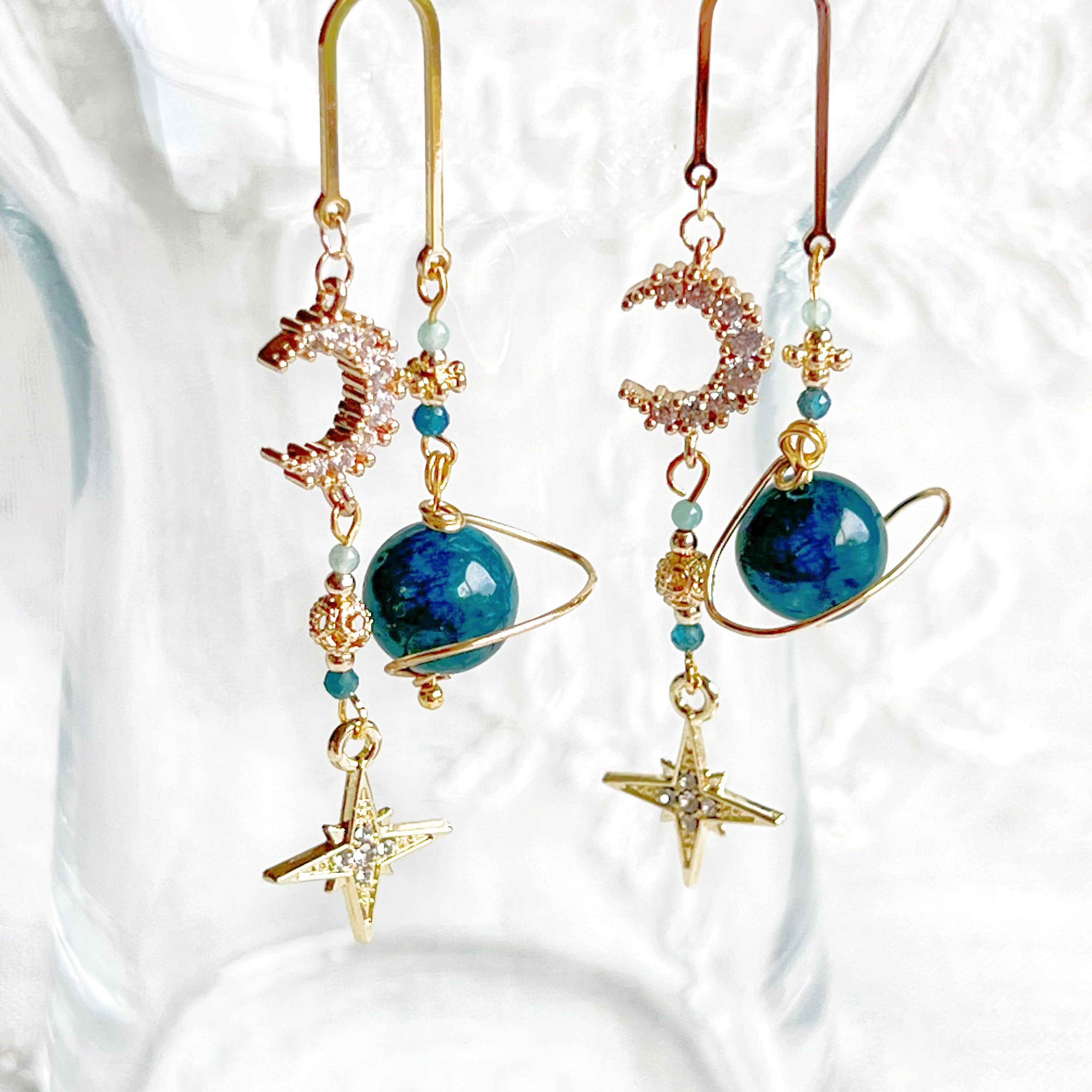 Green Apatite Planet Moon and North Star Drop Earrings - Jewelry & Watches - Bijou Her -  -  - 
