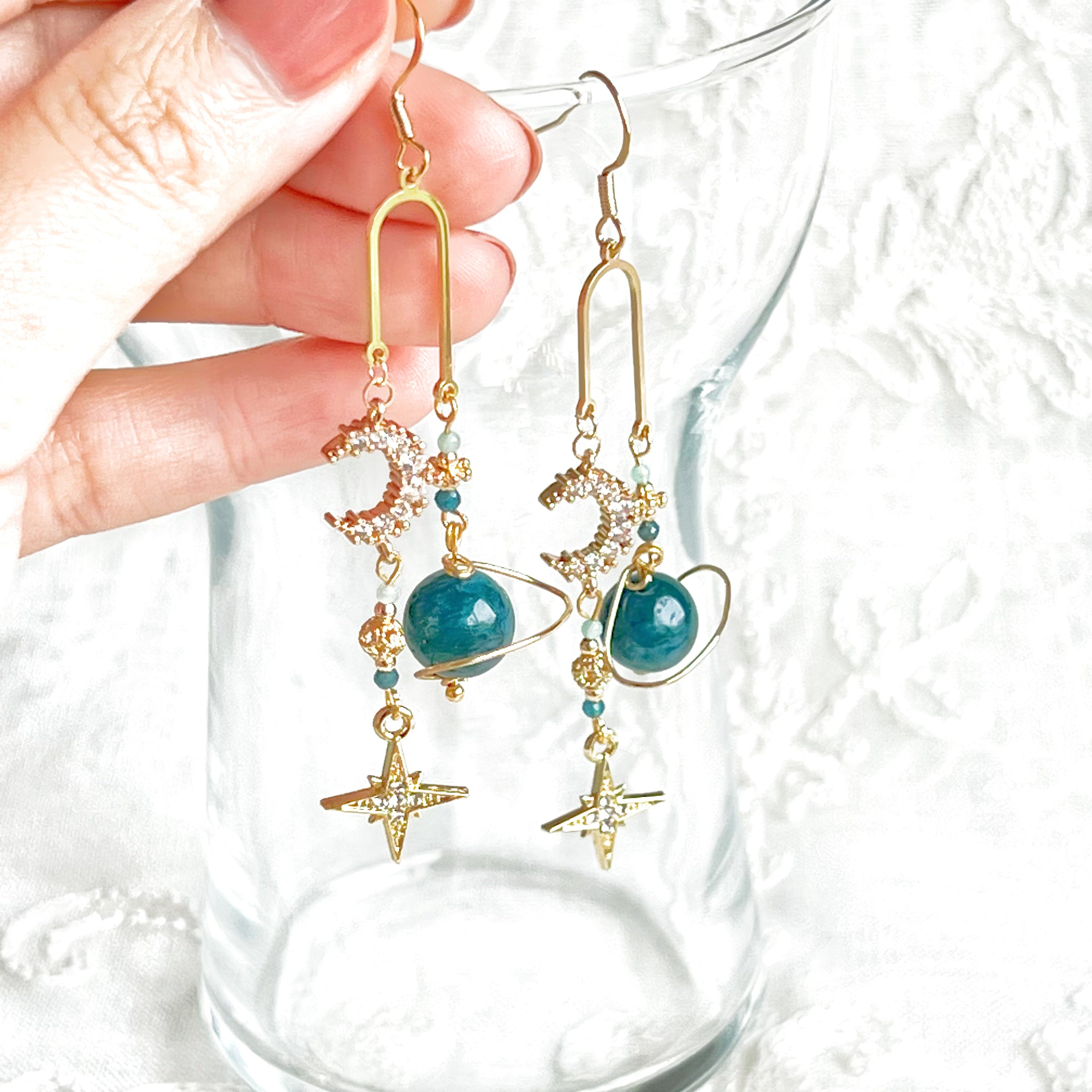 Green Apatite Planet Moon and North Star Drop Earrings - Jewelry & Watches - Bijou Her -  -  - 