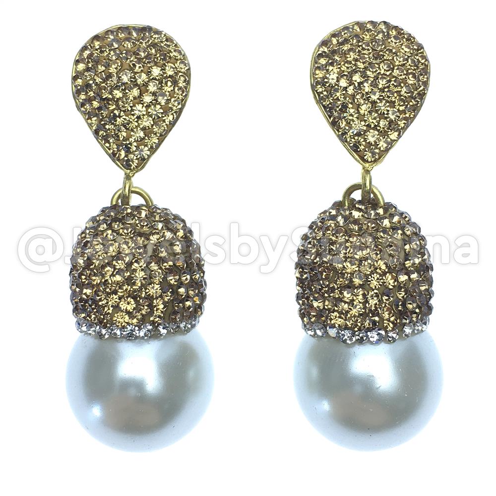 Pearl Drop Earrings with CZ Accents - Vintage-Inspired Double Drop Setting, 1.5in Length, Yellow Gold Plated Brass. - Jewelry & Watches - Bijou Her -  -  - 