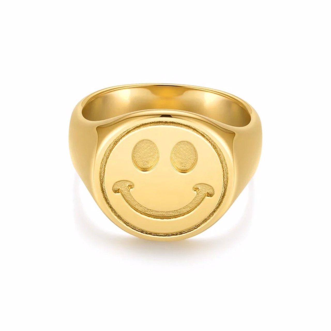 Happy Smiley Face Signet Ring - 18K Gold Plated, Durable, Available in Sizes 6-8 - Jewelry & Watches - Bijou Her -  -  - 