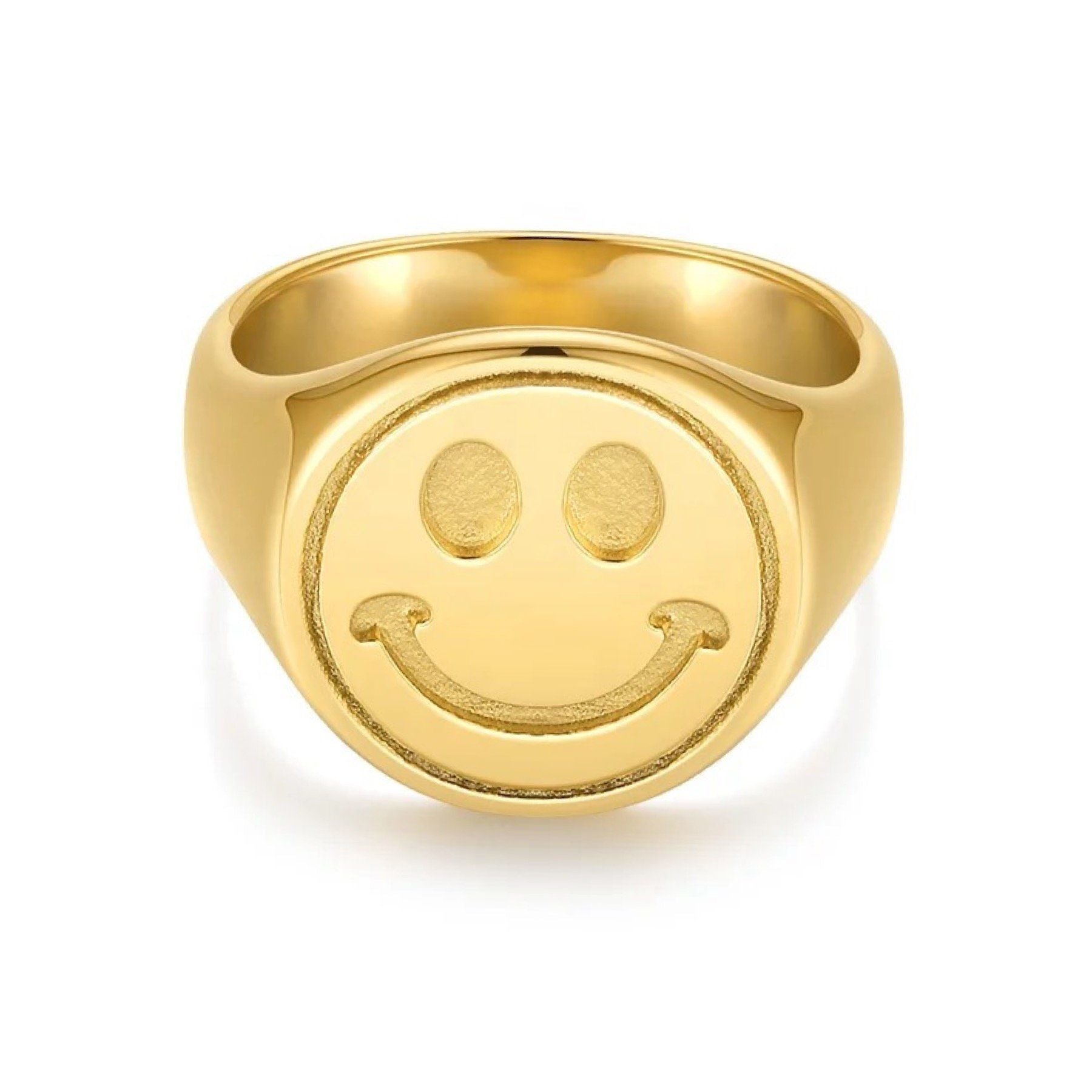 Happy Smiley Face Signet Ring - 18K Gold Plated, Durable, Available in Sizes 6-8 - Jewelry & Watches - Bijou Her -  -  - 