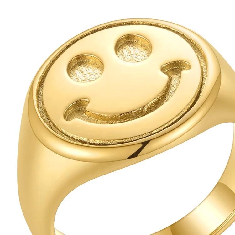 Happy Smiley Face Signet Ring - 18K Gold Plated, Durable, Available in Sizes 6-8 - Jewelry & Watches - Bijou Her -  -  - 