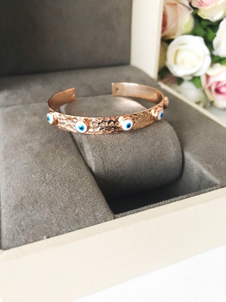 Rose Gold Evil Eye Bangle Bracelet with Beads - Handmade and Tarnish Resistant - Jewelry & Watches - Bijou Her -  -  - 