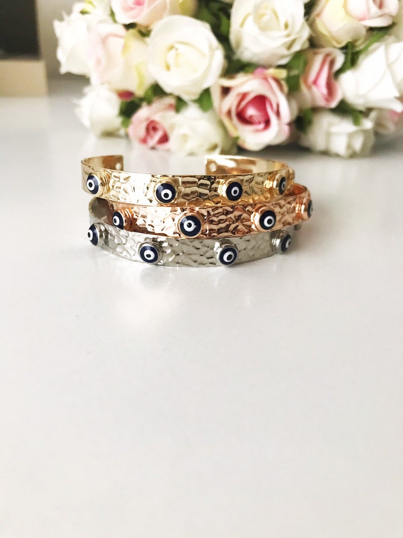 Rose Gold Evil Eye Bangle Bracelet with Beads - Handmade and Tarnish Resistant - Jewelry & Watches - Bijou Her -  -  - 