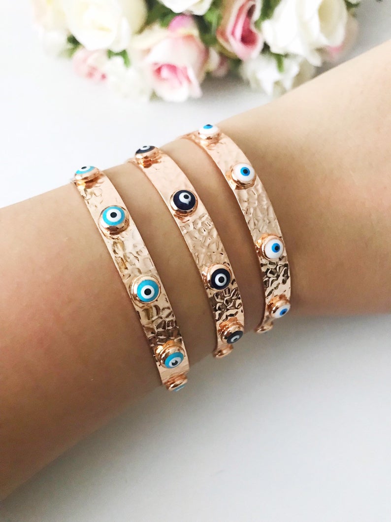 Rose Gold Evil Eye Bangle Bracelet with Beads - Handmade and Tarnish Resistant - Jewelry & Watches - Bijou Her -  -  - 