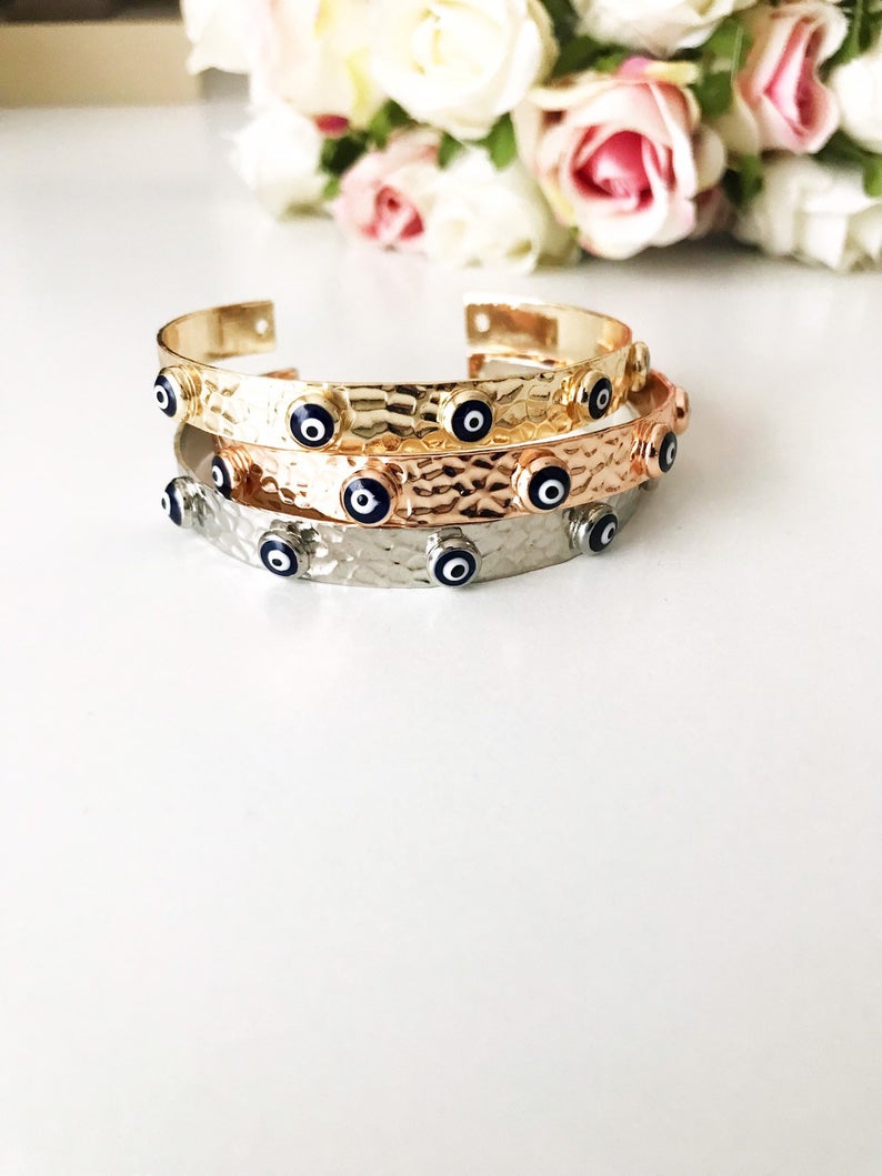 Rose Gold Evil Eye Bangle Bracelet with Beads - Handmade and Tarnish Resistant - Jewelry & Watches - Bijou Her -  -  - 