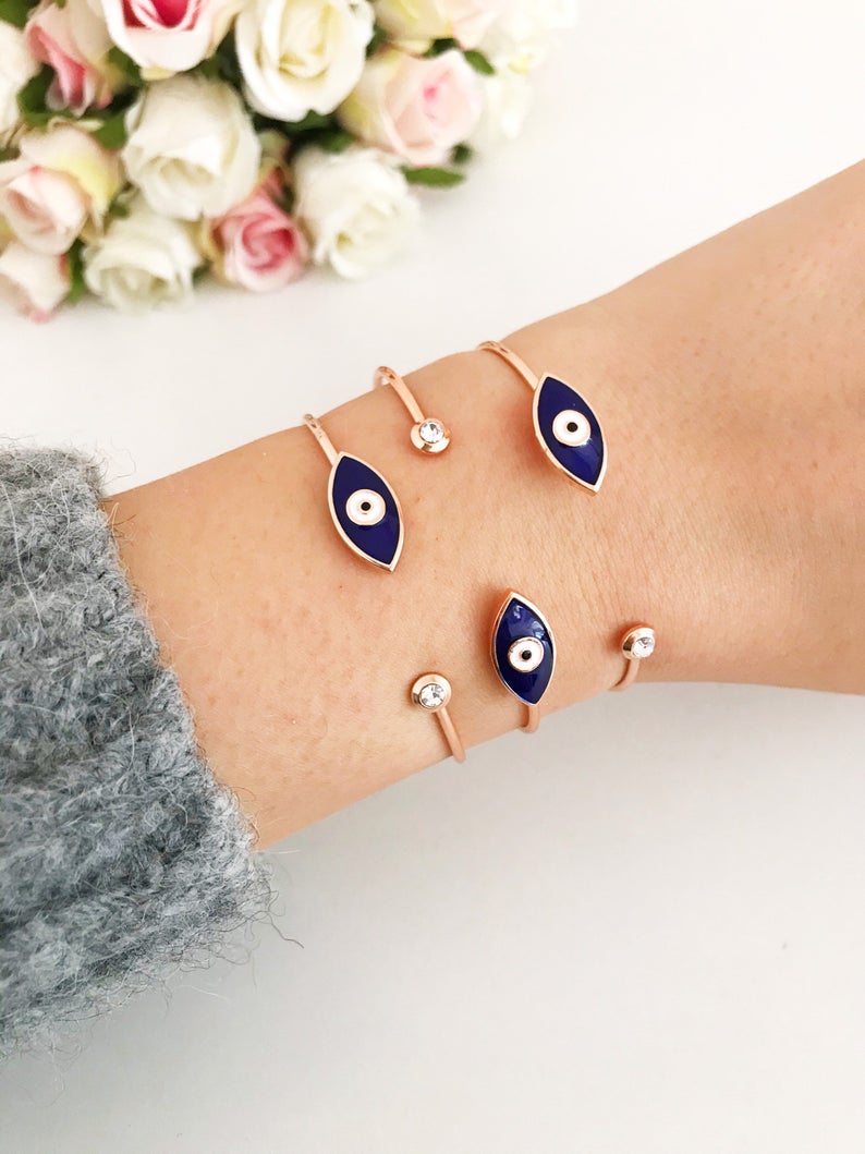 Rose Gold Evil Eye Bangle Bracelet - Greek Jewelry for Protection - Jewelry & Watches - Bijou Her -  -  - 