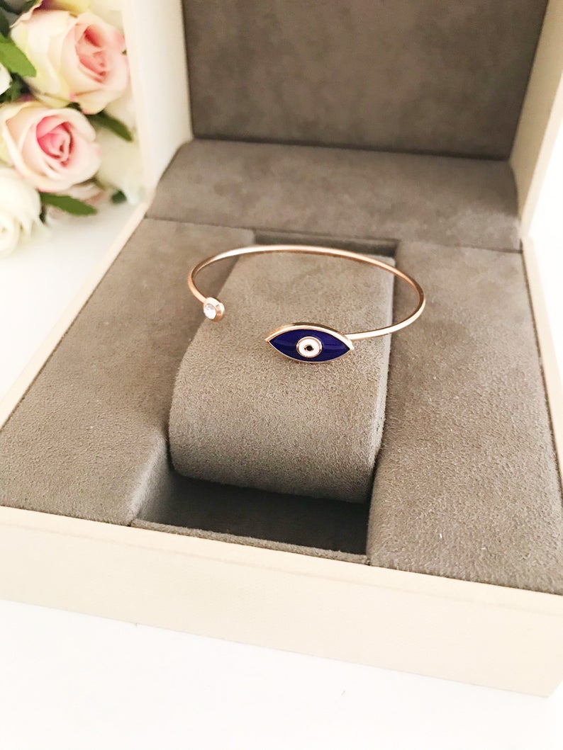 Rose Gold Evil Eye Bangle Bracelet - Greek Jewelry for Protection - Jewelry & Watches - Bijou Her -  -  - 