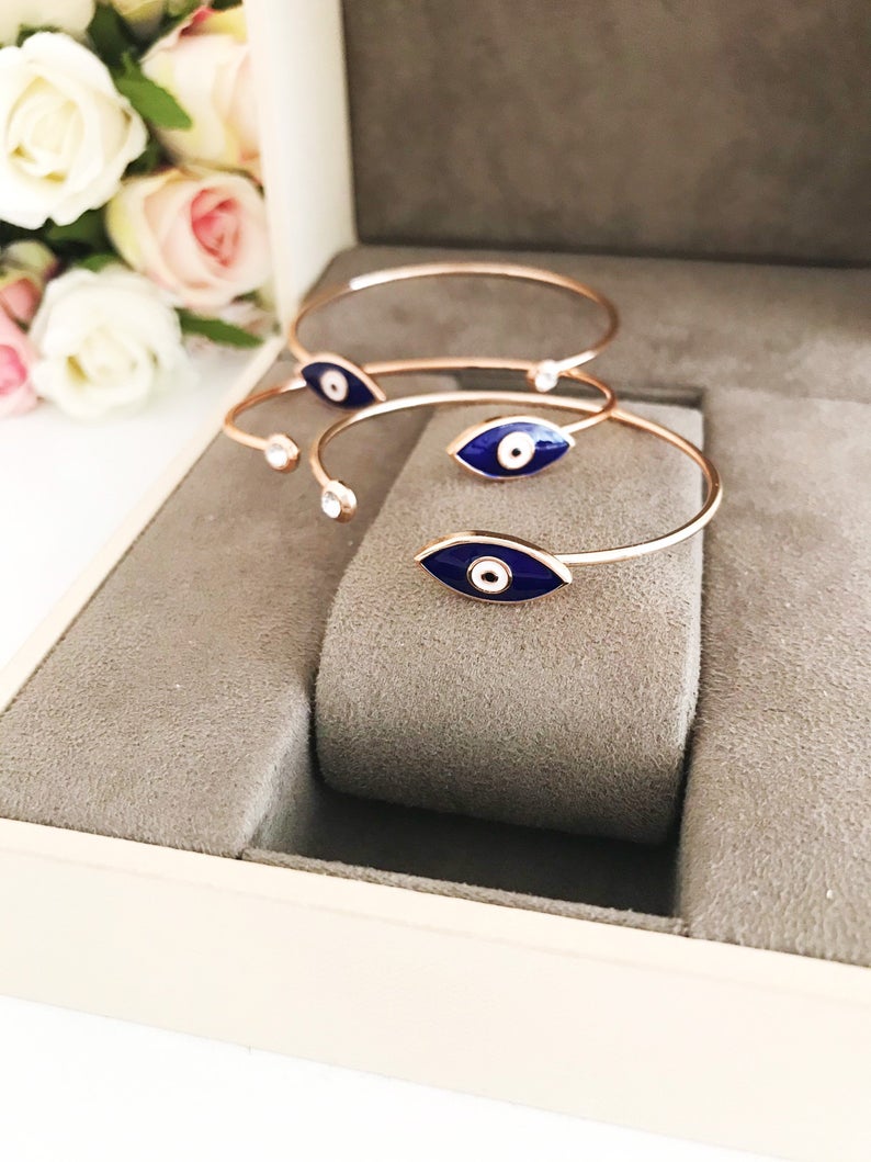 Rose Gold Evil Eye Bangle Bracelet - Greek Jewelry for Protection - Jewelry & Watches - Bijou Her -  -  - 