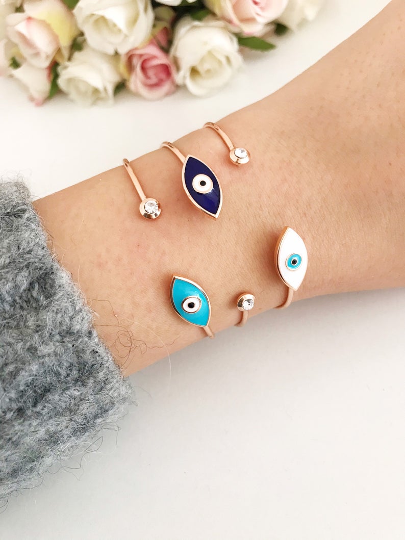 Rose Gold Evil Eye Bangle Bracelet - Greek Jewelry for Protection - Jewelry & Watches - Bijou Her -  -  - 