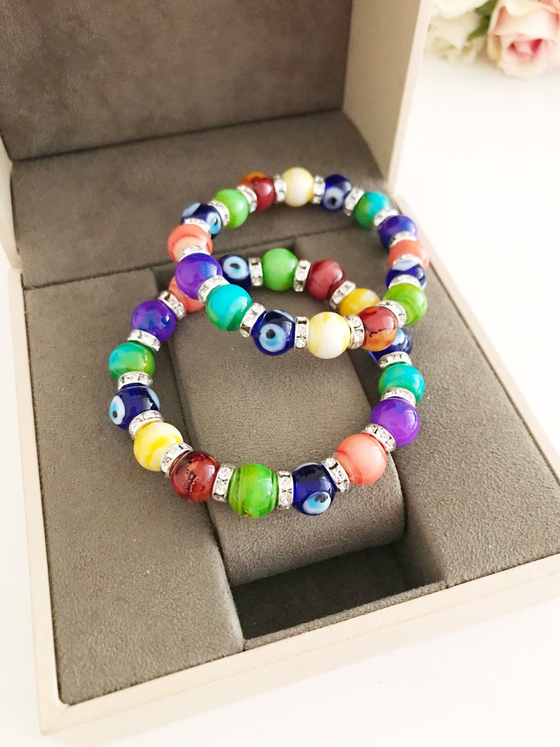 Rainbow Bead Evil Eye Stretch Bracelet - Greek Jewelry with Blue Charm - Jewelry & Watches - Bijou Her -  -  - 