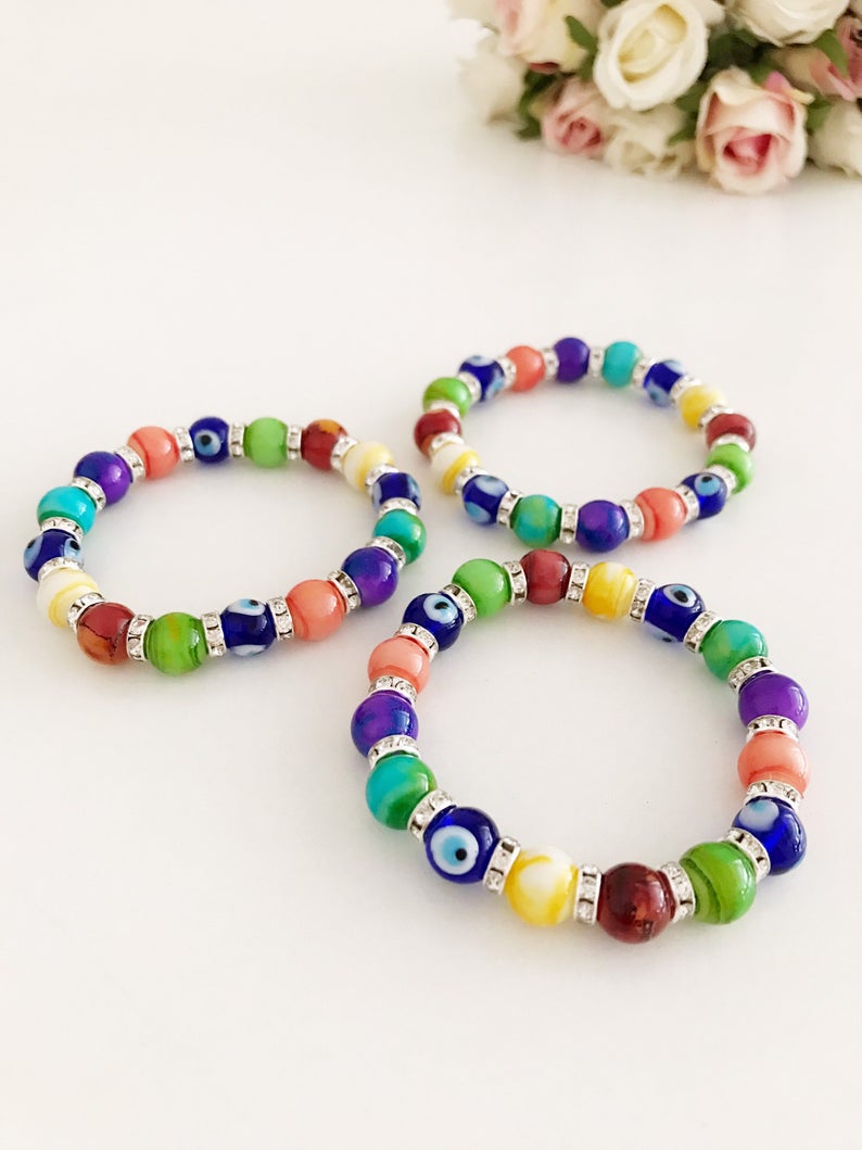 Rainbow Bead Evil Eye Stretch Bracelet - Greek Jewelry with Blue Charm - Jewelry & Watches - Bijou Her -  -  - 