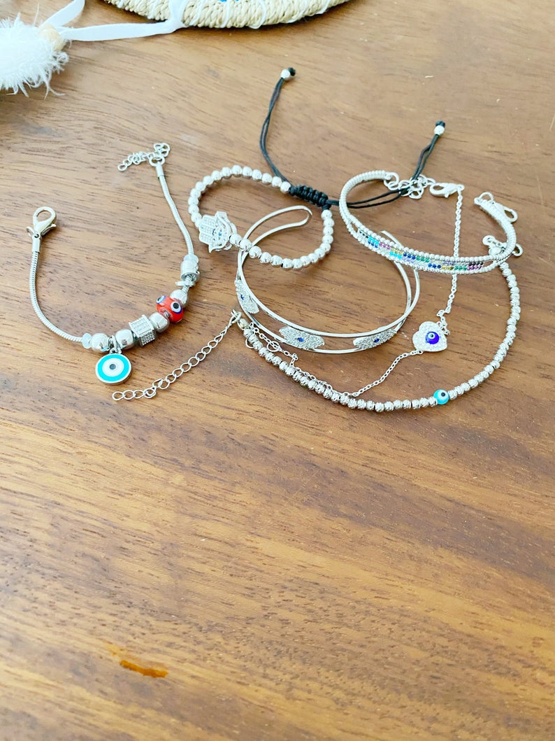 Greek Evil Eye Bracelet - Adjustable Silver Cuff with Zircon Beads - Jewelry & Watches - Bijou Her -  -  - 