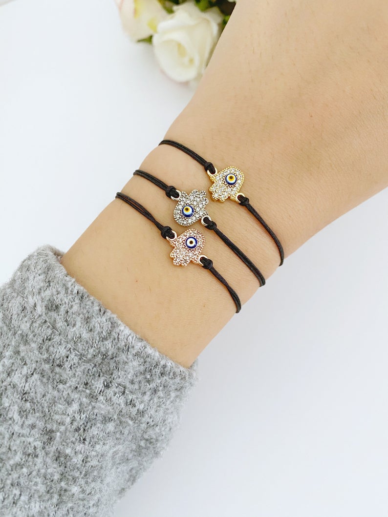 Handmade Hamsa Evil Eye Bracelet with Adjustable Black String - Greek Style Stainless Steel Jewelry - Jewelry & Watches - Bijou Her -  -  - 