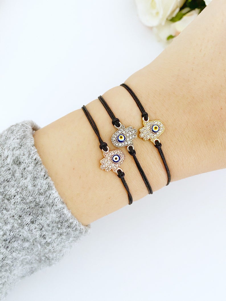 Handmade Hamsa Evil Eye Bracelet with Adjustable Black String - Greek Style Stainless Steel Jewelry - Jewelry & Watches - Bijou Her -  -  - 