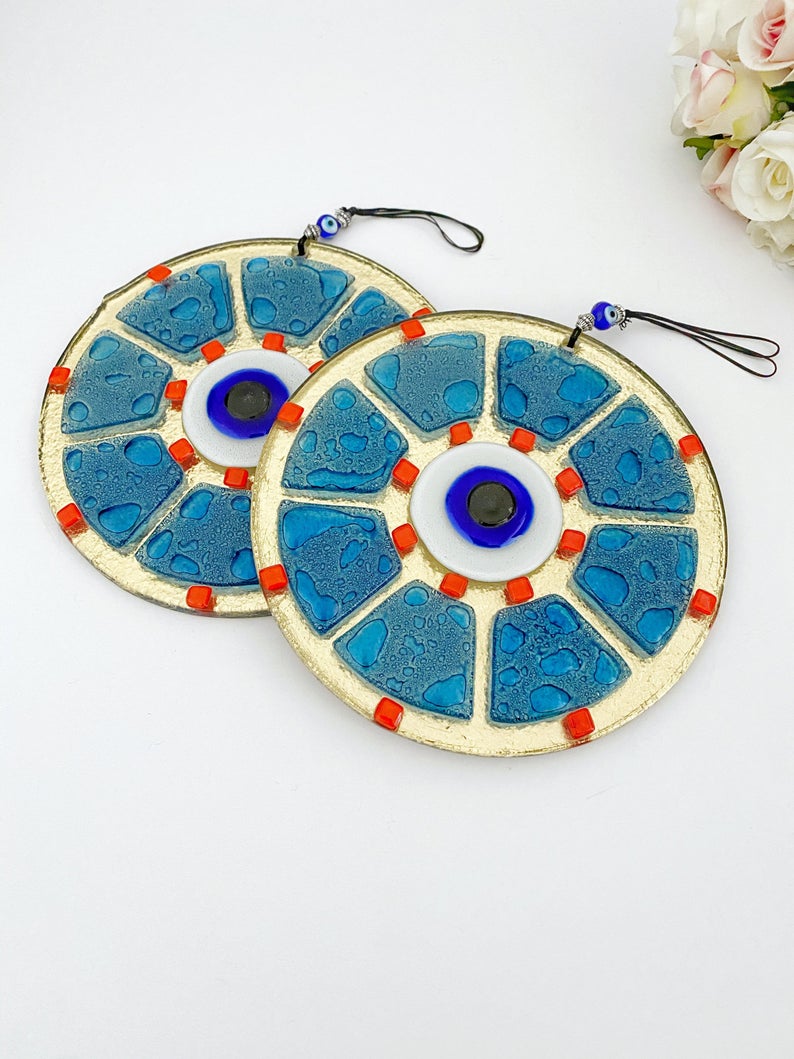 Handmade Blue Evil Eye Wall Hanging - Elegant Bohemian Decor, Greek/Turkish Nazar Boncuk, Fused Glass Bead - Jewelry & Watches - Bijou Her -  -  - 