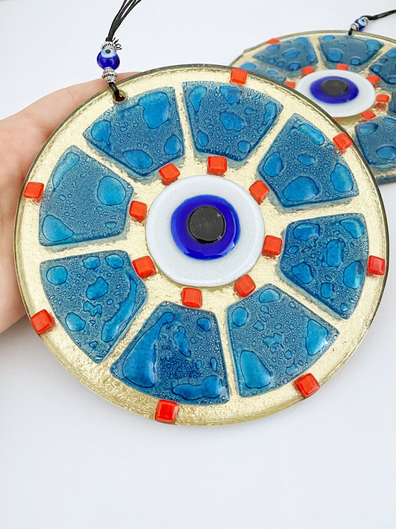Handmade Blue Evil Eye Wall Hanging - Elegant Bohemian Decor, Greek/Turkish Nazar Boncuk, Fused Glass Bead - Jewelry & Watches - Bijou Her -  -  - 