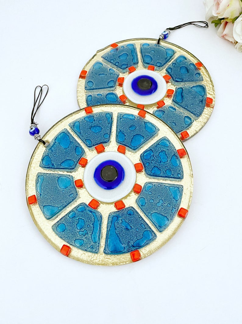 Handmade Blue Evil Eye Wall Hanging - Elegant Bohemian Decor, Greek/Turkish Nazar Boncuk, Fused Glass Bead - Jewelry & Watches - Bijou Her -  -  - 