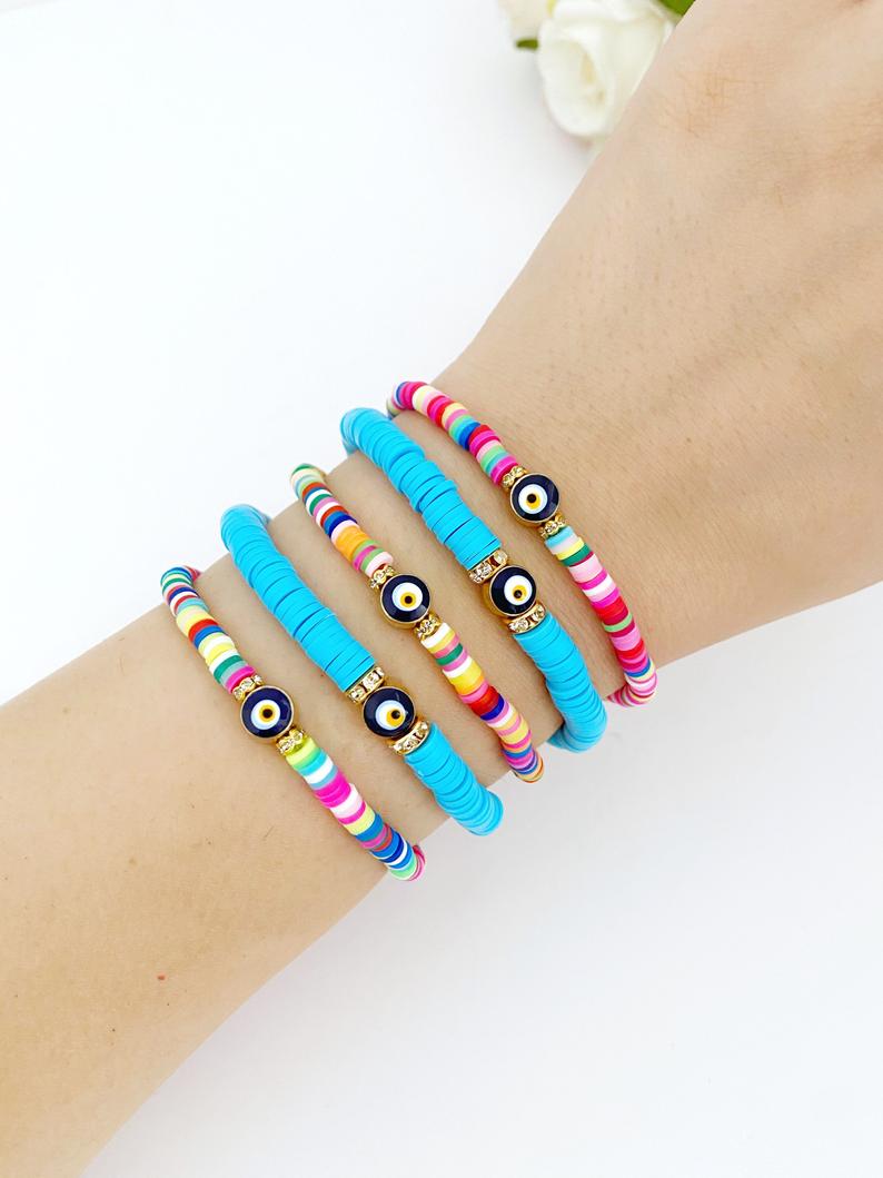 Handmade Polymer Clay Evil Eye Bracelet for Luck and Protection - Beach Boho Jewelry in Rainbow or Blue - Jewelry & Watches - Bijou Her -  -  - 