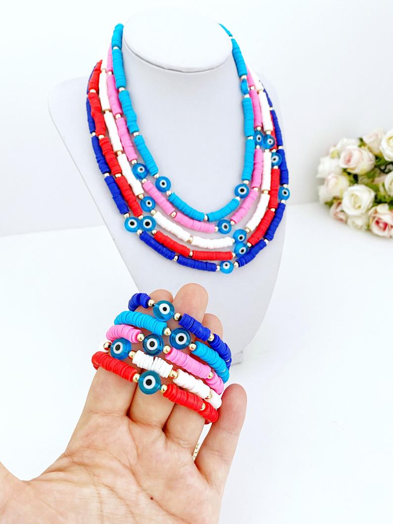 Heishi Evil Eye Bracelet Necklace, Evil Eye Jewelry Set, Boho Summer - Jewelry & Watches - Bijou Her -  -  - 