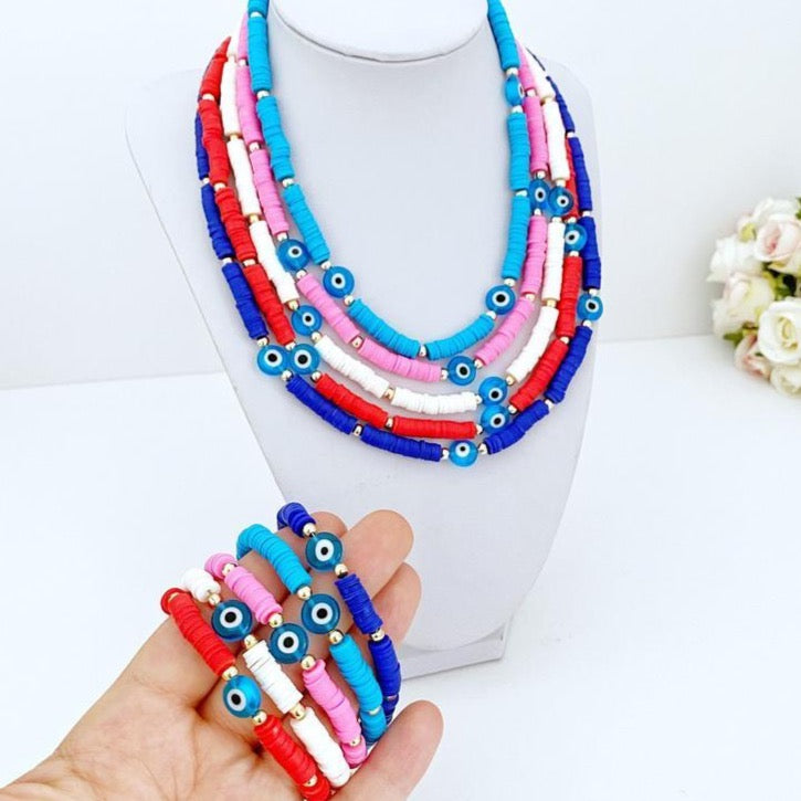 Heishi Evil Eye Bracelet Necklace, Evil Eye Jewelry Set, Boho Summer - Jewelry & Watches - Bijou Her -  -  - 