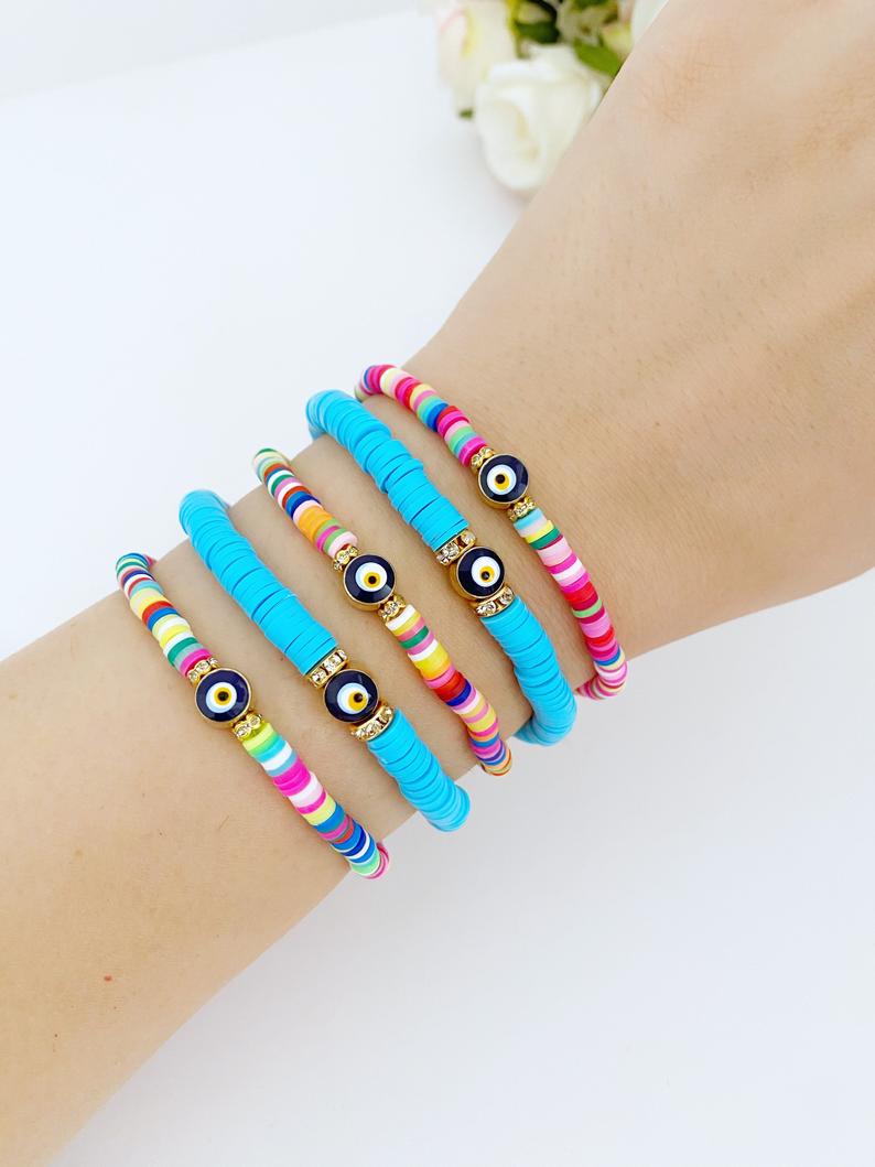 Handmade Polymer Clay Evil Eye Bracelet for Luck and Protection - Beach Boho Jewelry in Rainbow or Blue - Jewelry & Watches - Bijou Her -  -  - 