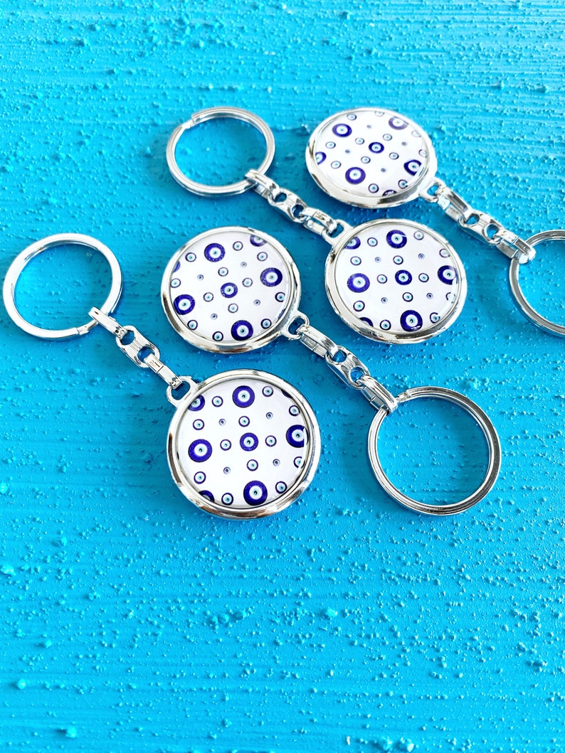 Greek Evil Eye Keychain - Blue and White Bag Charm with Raw Brass Component - Jewelry & Watches - Bijou Her -  -  - 