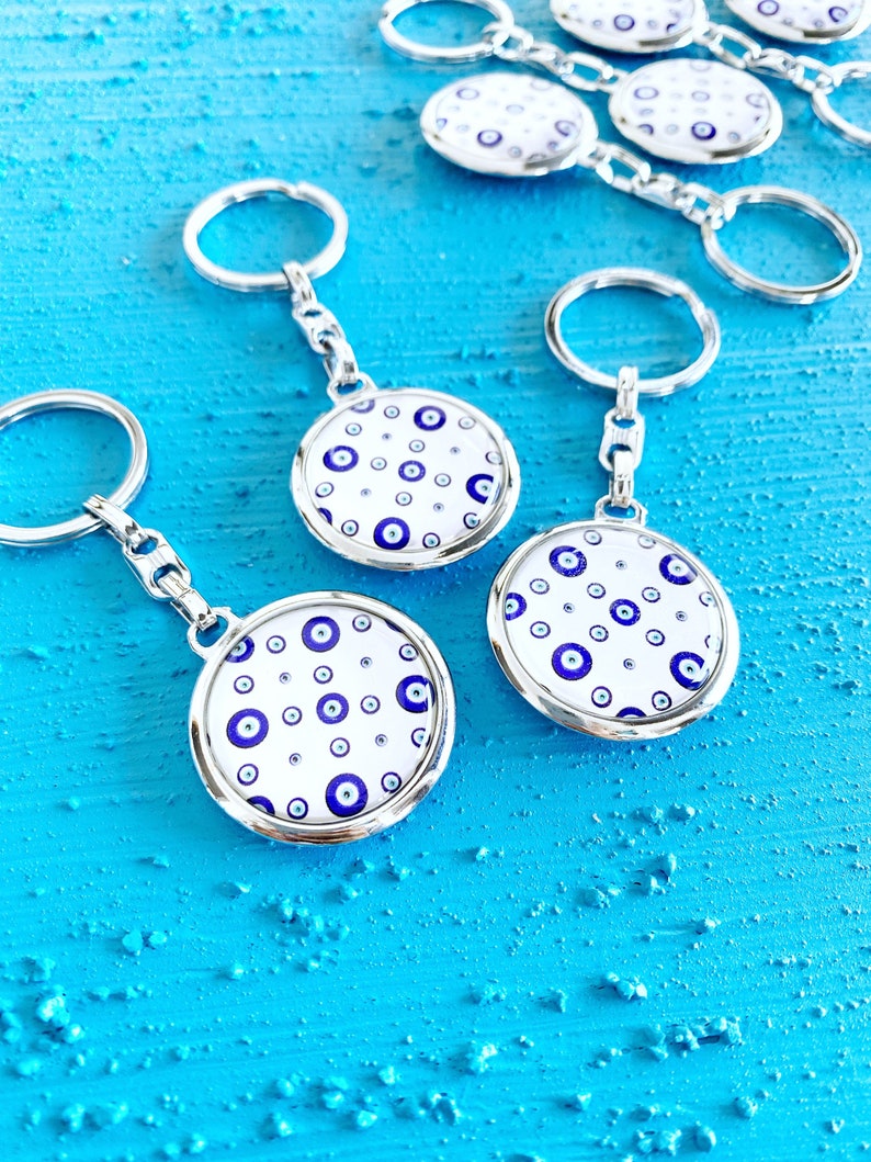 Greek Evil Eye Keychain - Blue and White Bag Charm with Raw Brass Component - Jewelry & Watches - Bijou Her -  -  - 