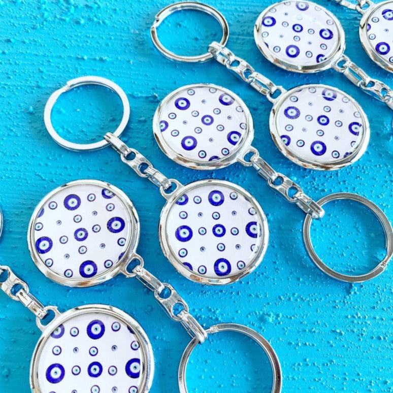 Greek Evil Eye Keychain - Blue and White Bag Charm with Raw Brass Component - Jewelry & Watches - Bijou Her -  -  - 