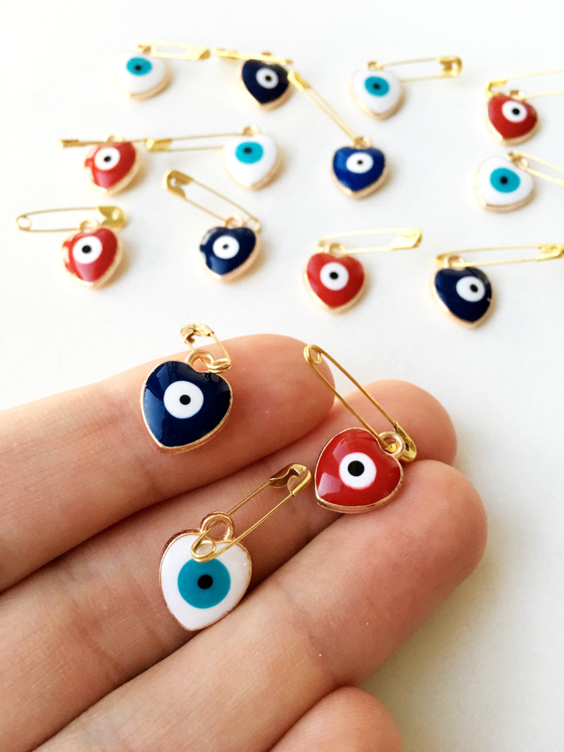 Heart-Shaped Evil Eye Safety Pin Set for Baby Shower Gift & Protection - 5 Colors Available - Jewelry & Watches - Bijou Her -  -  - 