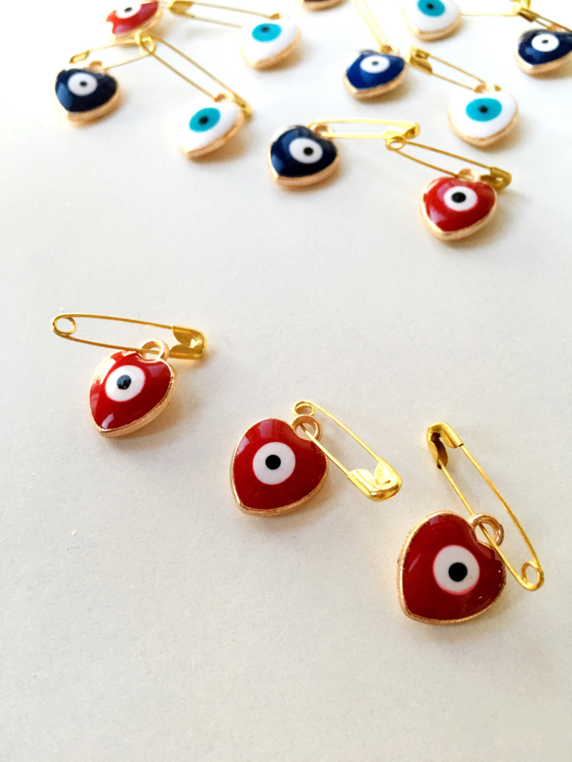 Heart-Shaped Evil Eye Safety Pin Set for Baby Shower Gift & Protection - 5 Colors Available - Jewelry & Watches - Bijou Her -  -  - 